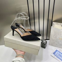 Jimmy Choo Stevie Black Crystal Heels For Women With Original Box And Carry Bag
