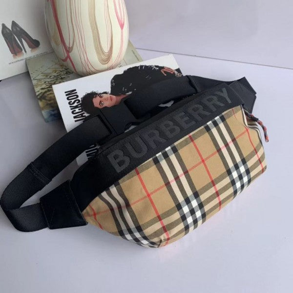 Burberry Black Vintage Coffee Check Print Nylon Waist Belt Bag With Dust Cover