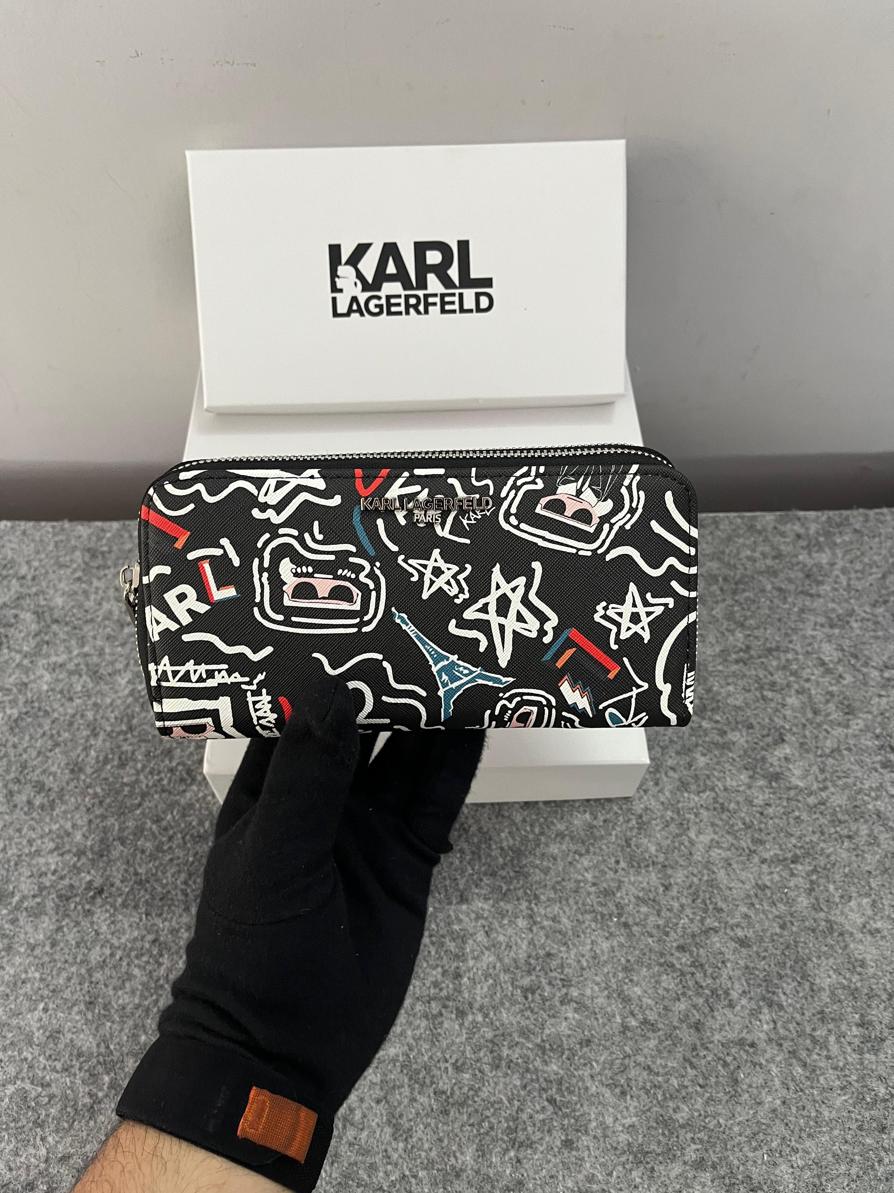 Karl Lagerfeld Dual Zip 76 Wallet With Original Box Dust Cover & Brand Paper KS016 Black