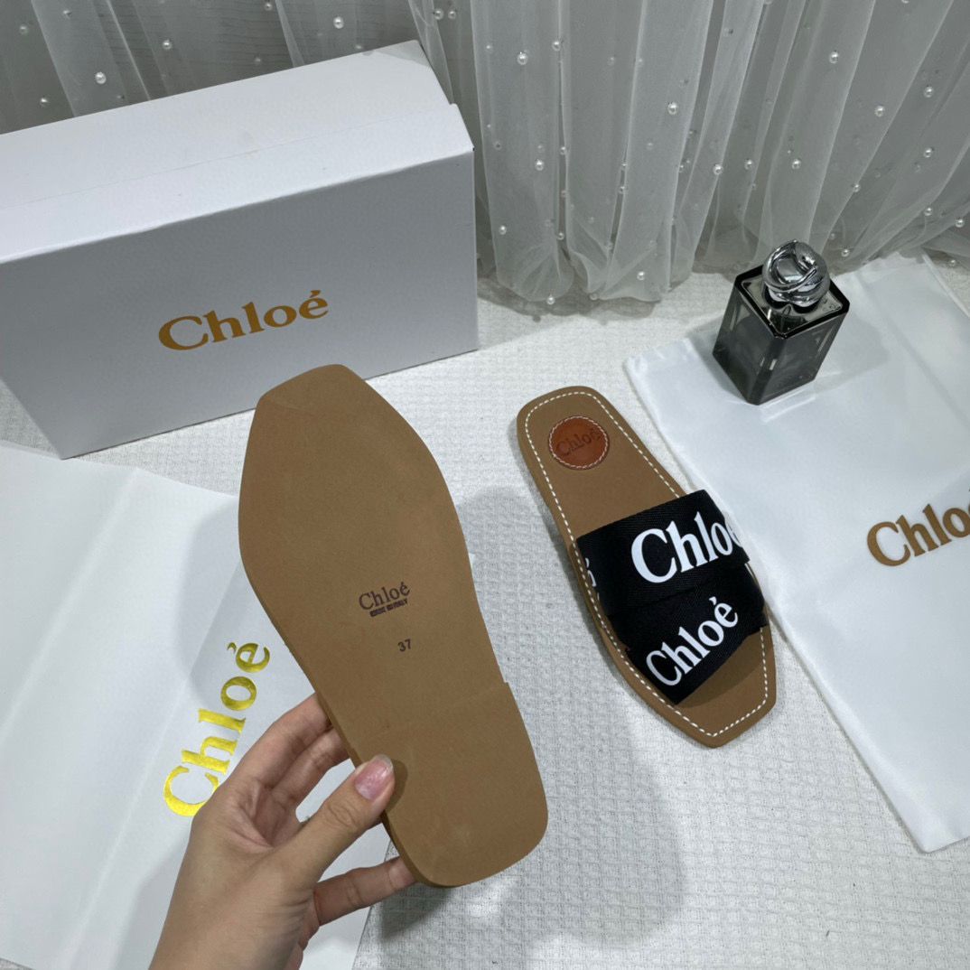 Chloe Premium Woody Slides Flats Whit og box