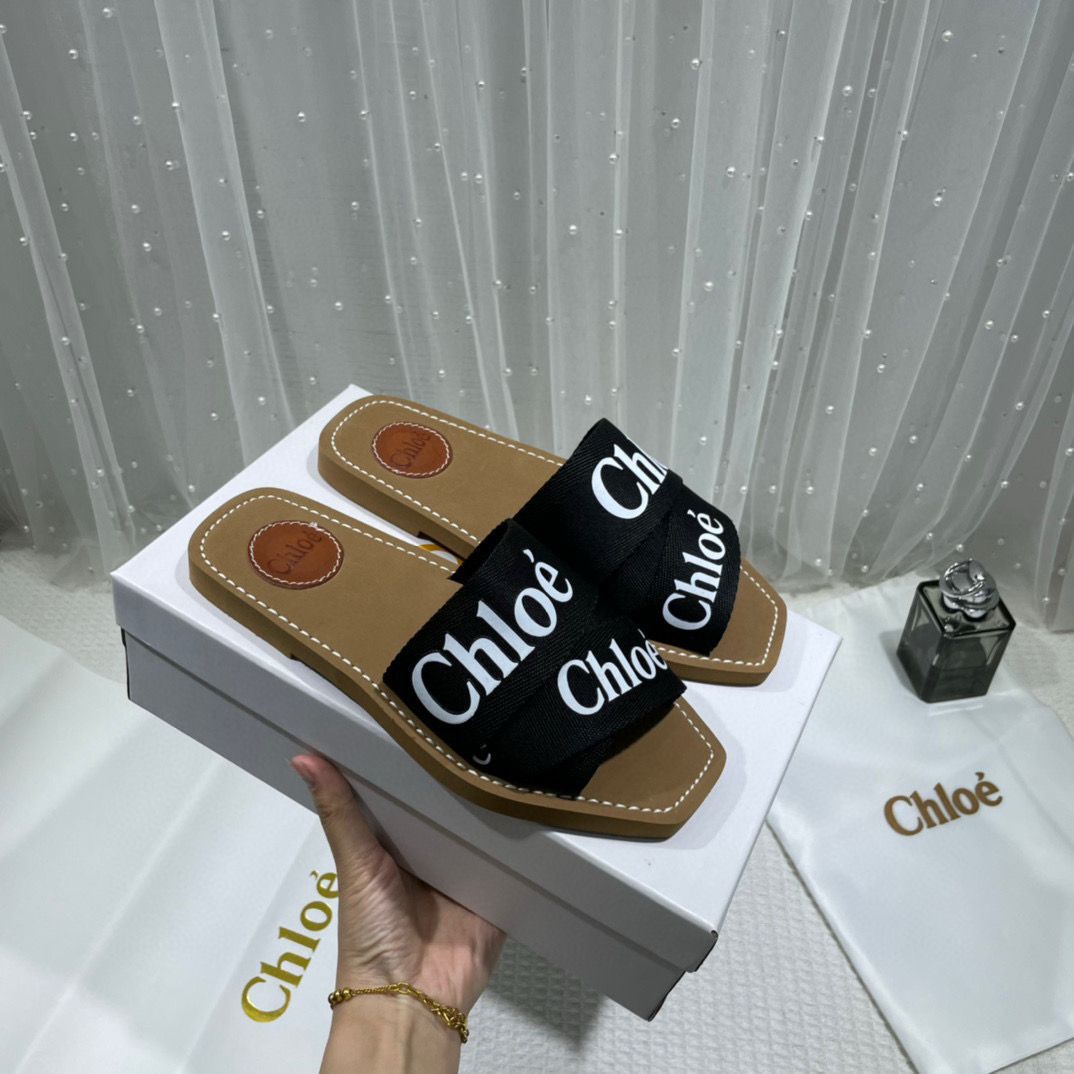 Chloe Premium Woody Slides Flats Whit og box