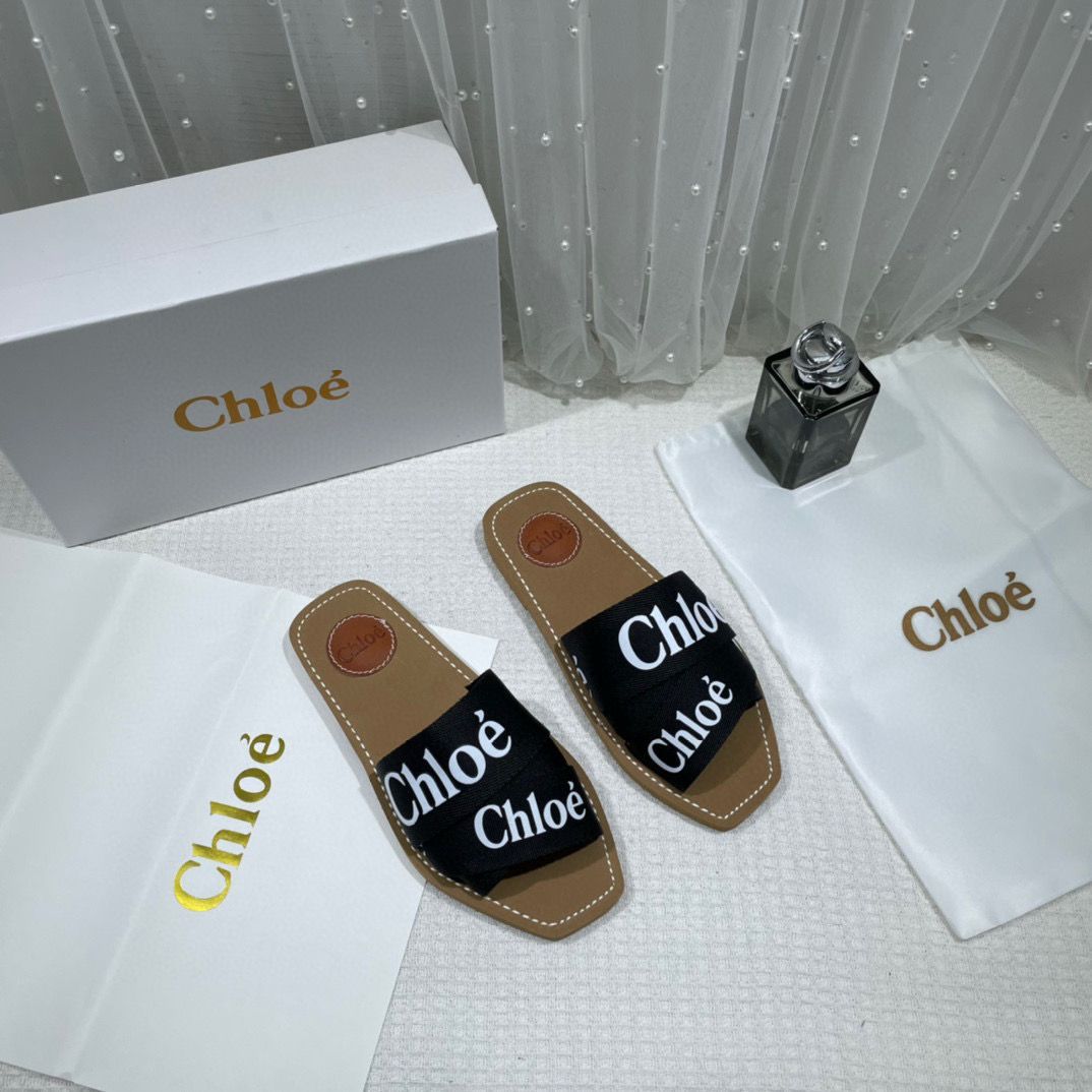 Chloe Premium Woody Slides Flats Whit og box