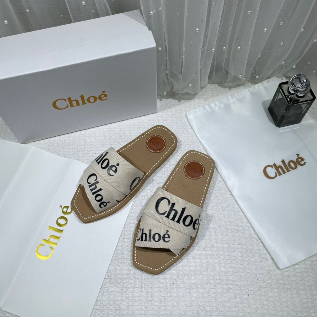 Chloe Premium Woody Slides Flats Whit og box