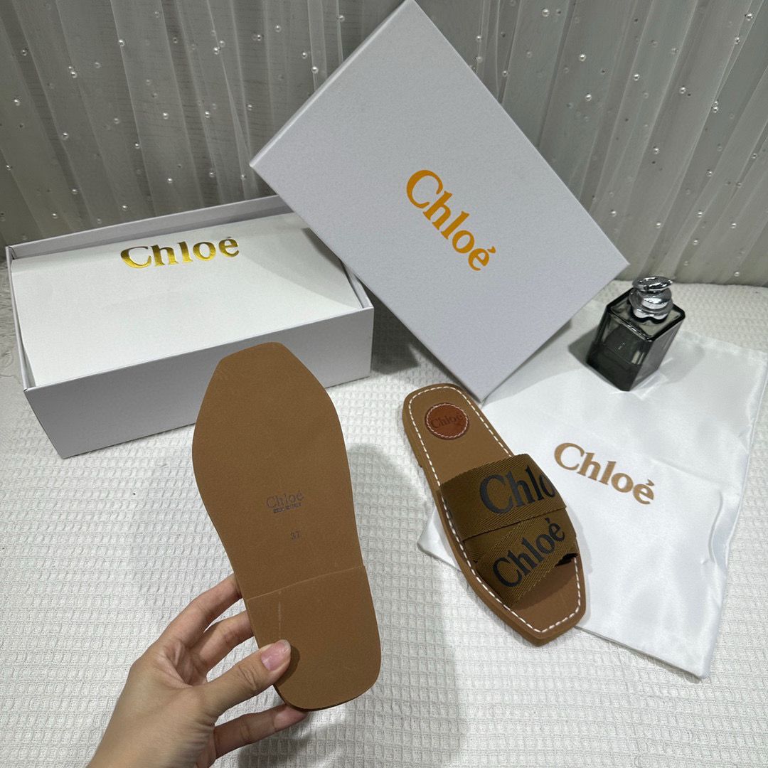 Chloe Premium Woody Slides Flats Whit og box Brown