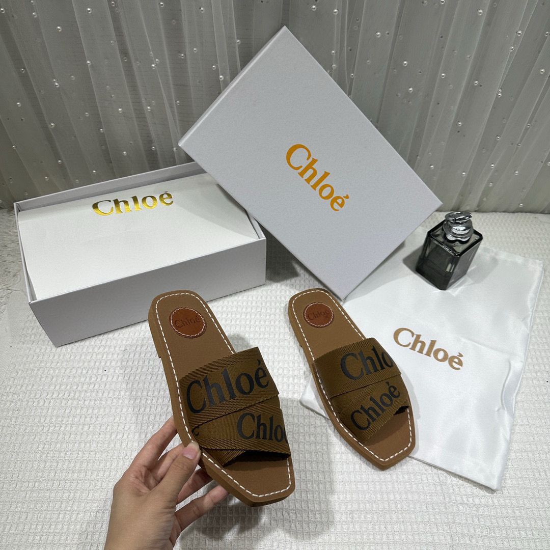 Chloe Premium Woody Slides Flats Whit og box Brown
