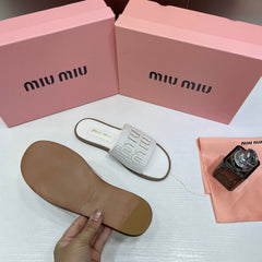 Women's Miu Miu Premium White Leather Embroidered Metallic Slide