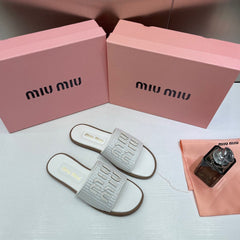Women's Miu Miu Premium White Leather Embroidered Metallic Slide