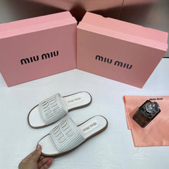 Women's Miu Miu Premium White Leather Embroidered Metallic Slide