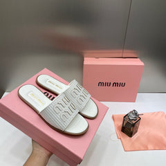 Women's Miu Miu Premium White Leather Embroidered Metallic Slide