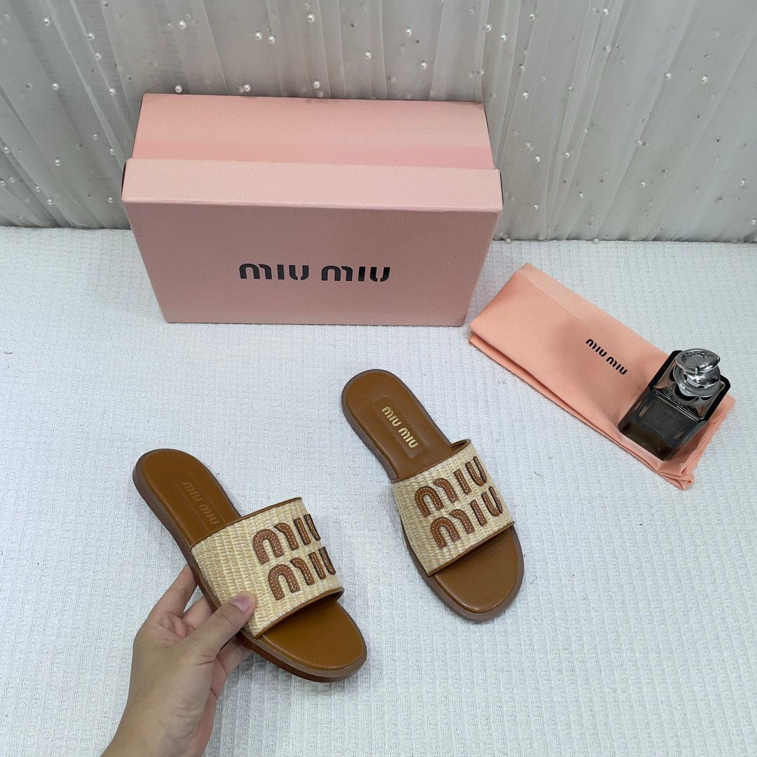 Women's Miu Miu Premium Tan Leather Embroidered Metallic Slide