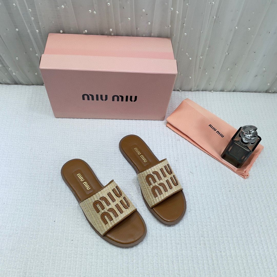 Women's Miu Miu Premium Tan Leather Embroidered Metallic Slide
