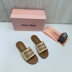 Women's Miu Miu Premium Tan Leather Embroidered Metallic Slide