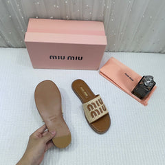 Women's Miu Miu Premium Tan Leather Embroidered Metallic Slide