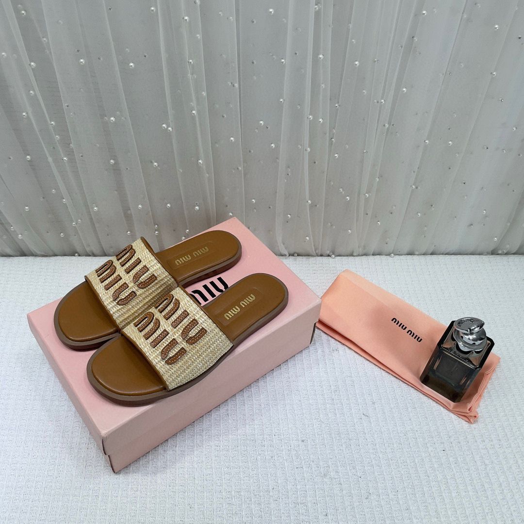 Women's Miu Miu Premium Tan Leather Embroidered Metallic Slide