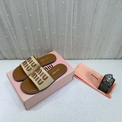 Women's Miu Miu Premium Tan Leather Embroidered Metallic Slide