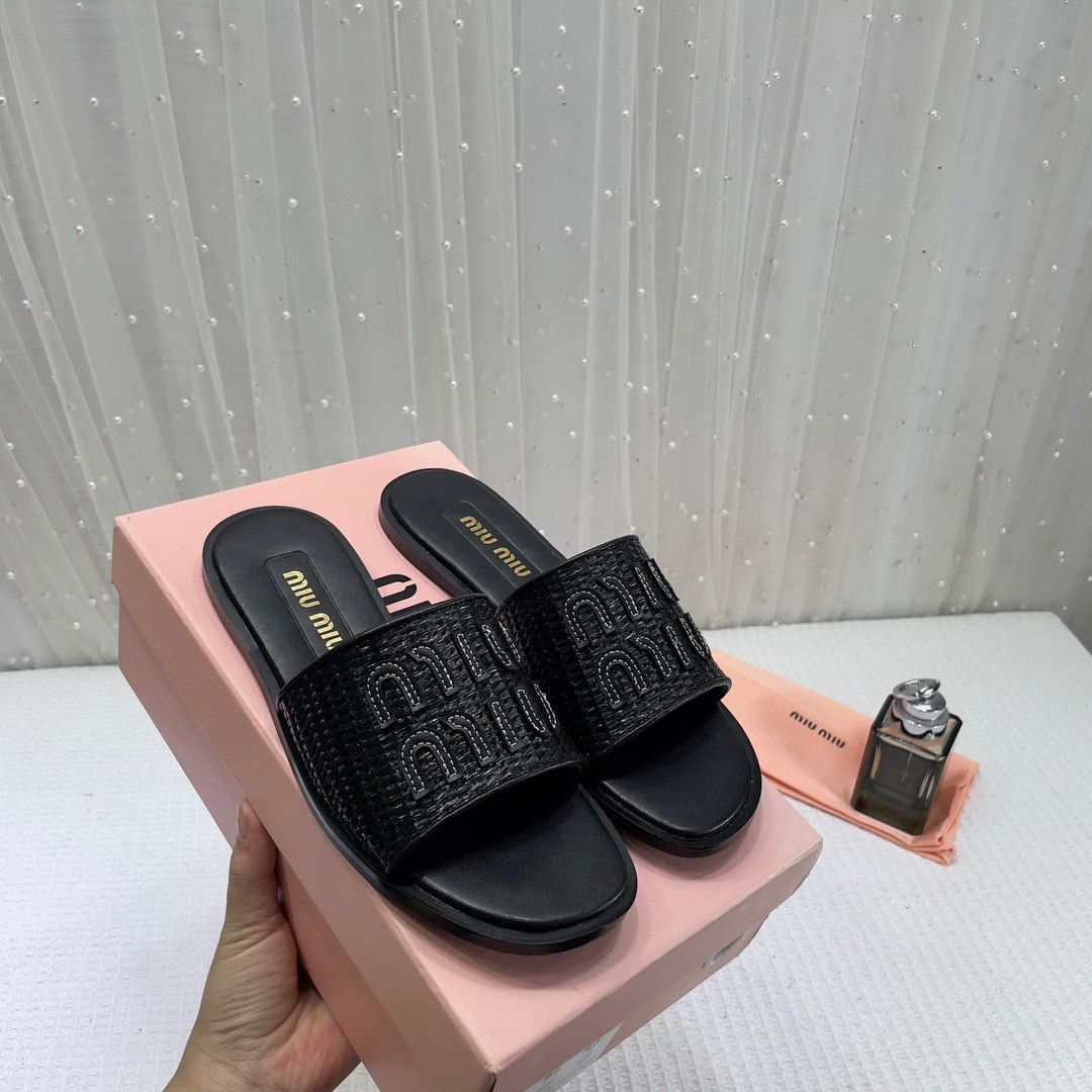 Women's Miu Miu Premium Black Leather Embroidered Metallic Slide