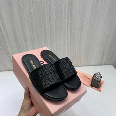 Women's Miu Miu Premium Black Leather Embroidered Metallic Slide