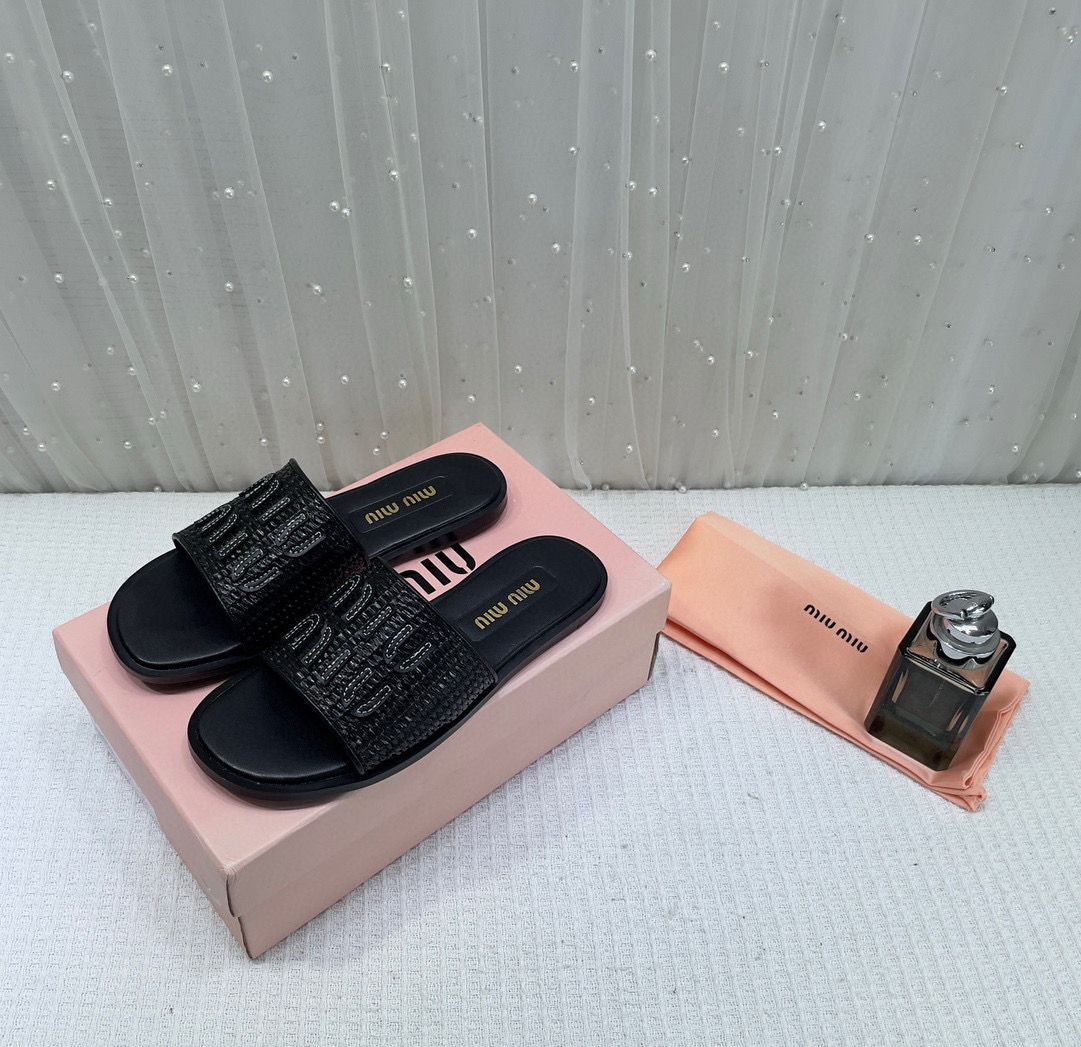 Women's Miu Miu Premium Black Leather Embroidered Metallic Slide