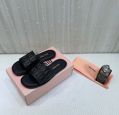 Women's Miu Miu Premium Black Leather Embroidered Metallic Slide