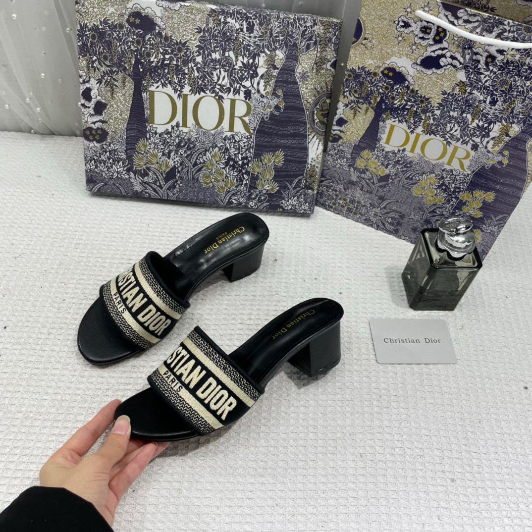 WMN Christian Dior Premium Dway Heels Slide Sandals Black