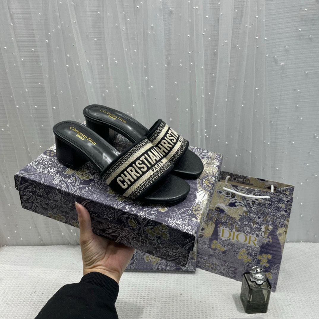 WMN Christian Dior Premium Dway Heels Slide Sandals Black