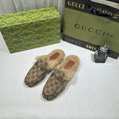 WMN Gucci Premium Brown Velvet and Fur Lined Princetown Flat Mules