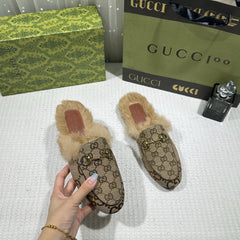 WMN Gucci Premium Brown Velvet and Fur Lined Princetown Flat Mules