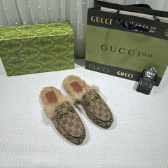 WMN Gucci Premium Brown Velvet and Fur Lined Princetown Flat Mules