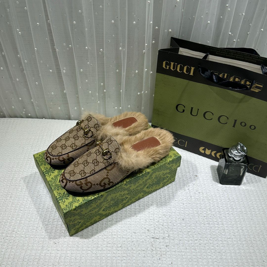 WMN Gucci Premium Brown Velvet and Fur Lined Princetown Flat Mules