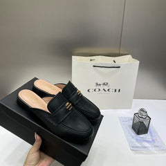 WMN Coach Premium Gold Leather Black Slip On Mules Sandal