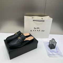 WMN Coach Premium Gold Leather Black Slip On Mules Sandal