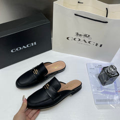 WMN Coach Premium Gold Leather Black Slip On Mules Sandal