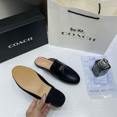 WMN Coach Premium Gold Leather Black Slip On Mules Sandal