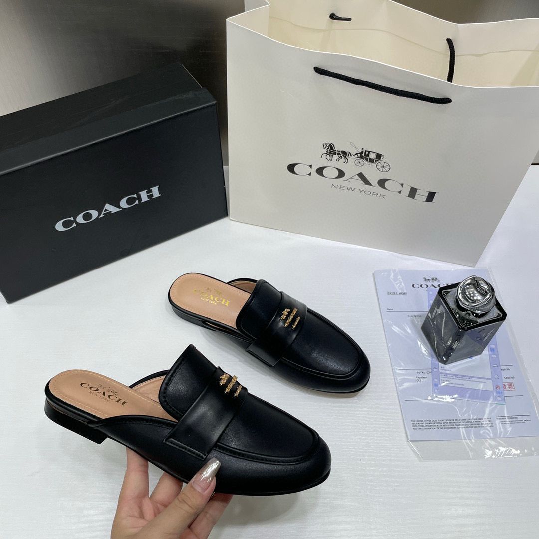 WMN Coach Premium Gold Leather Black Slip On Mules Sandal