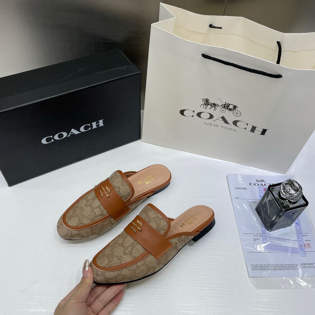 WMN Coach Premium Gold Leather Brown Slip On Mules Sandal