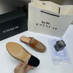 WMN Coach Premium Gold Leather Brown Slip On Mules Sandal