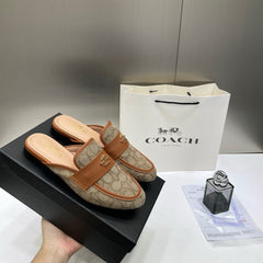 WMN Coach Premium Gold Leather Brown Slip On Mules Sandal