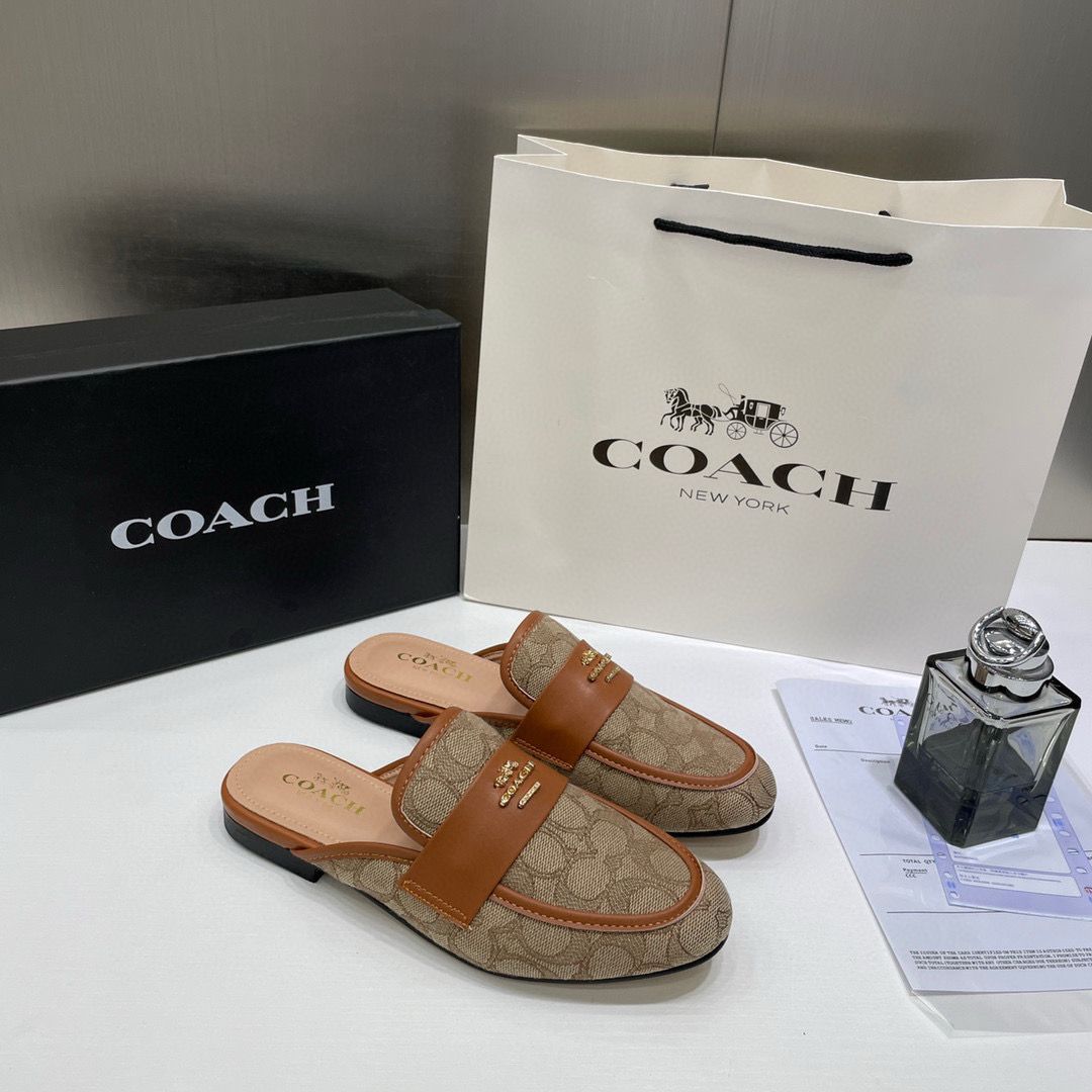 WMN Coach Premium Gold Leather Brown Slip On Mules Sandal
