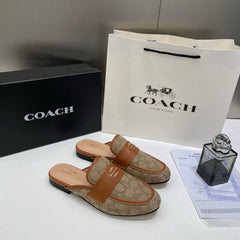 WMN Coach Premium Gold Leather Brown Slip On Mules Sandal