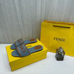 WMN Fendi Premium  Roma Velvet FF Flat Slide Sandals Blue and beige