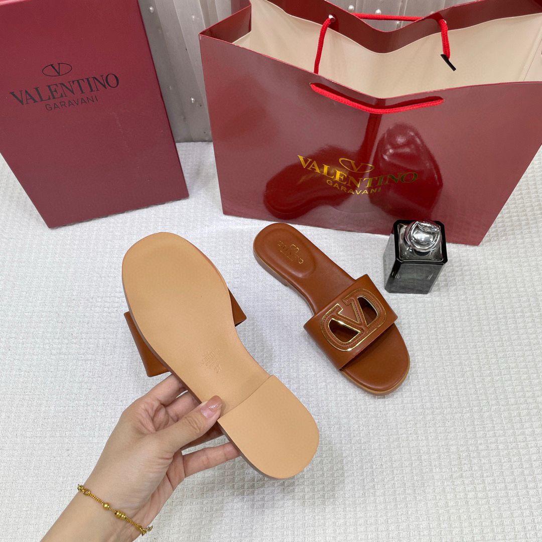 WMN Valentino Premium V-Logo Signature Slides Brown