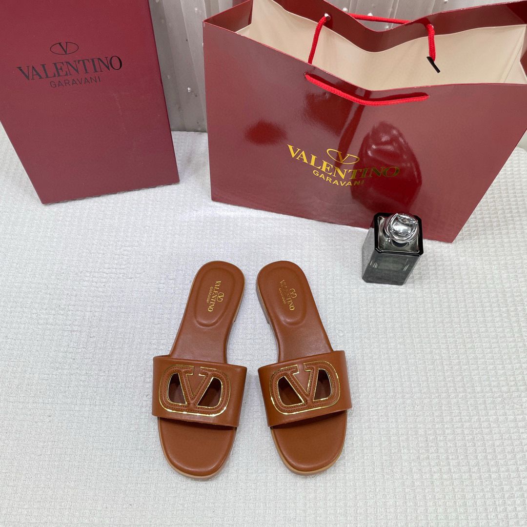 WMN Valentino Premium V-Logo Signature Slides Brown