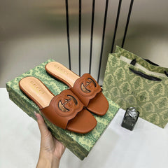 Gucci Premium Brown Leather Interlocking G Flat Slides