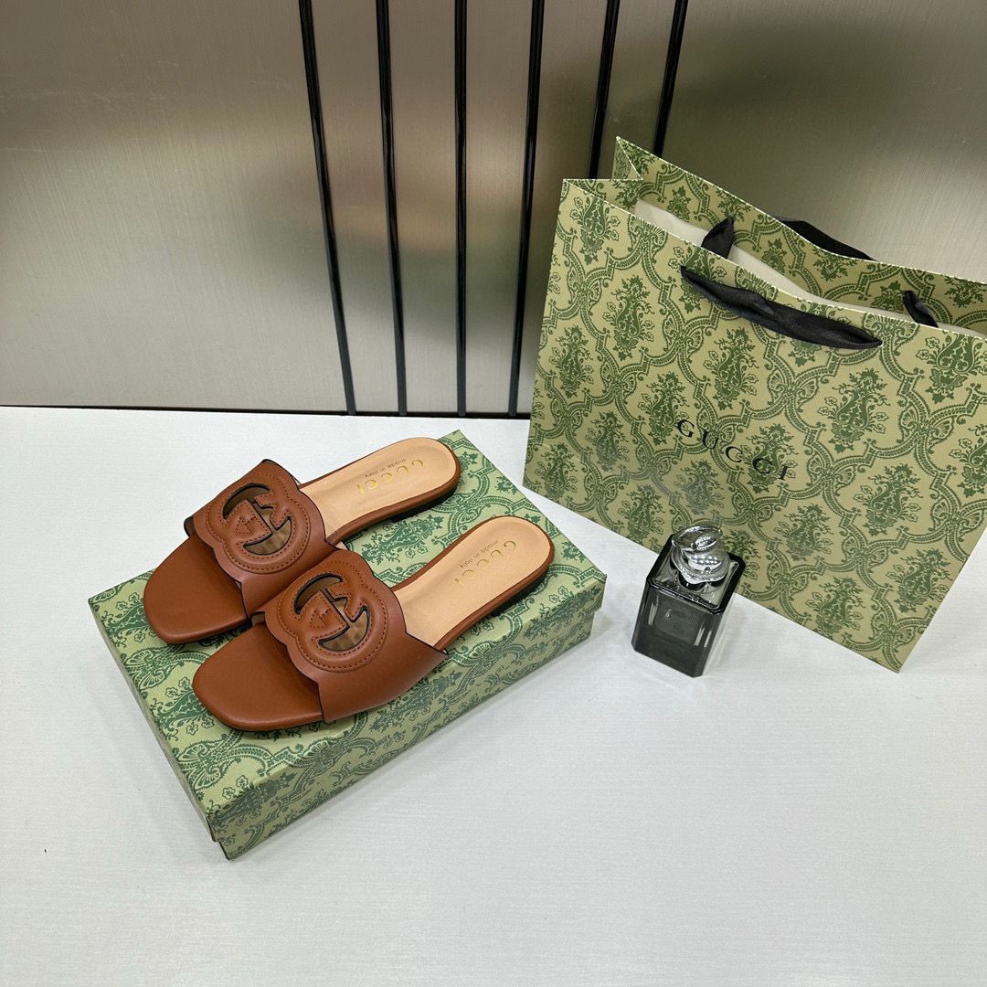 Gucci Premium Brown Leather Interlocking G Flat Slides