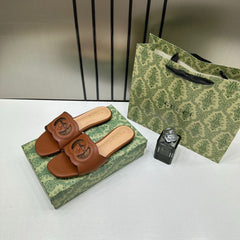 Gucci Premium Brown Leather Interlocking G Flat Slides