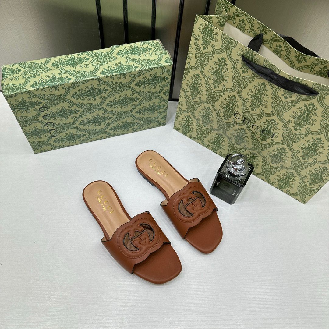 Gucci Premium Brown Leather Interlocking G Flat Slides