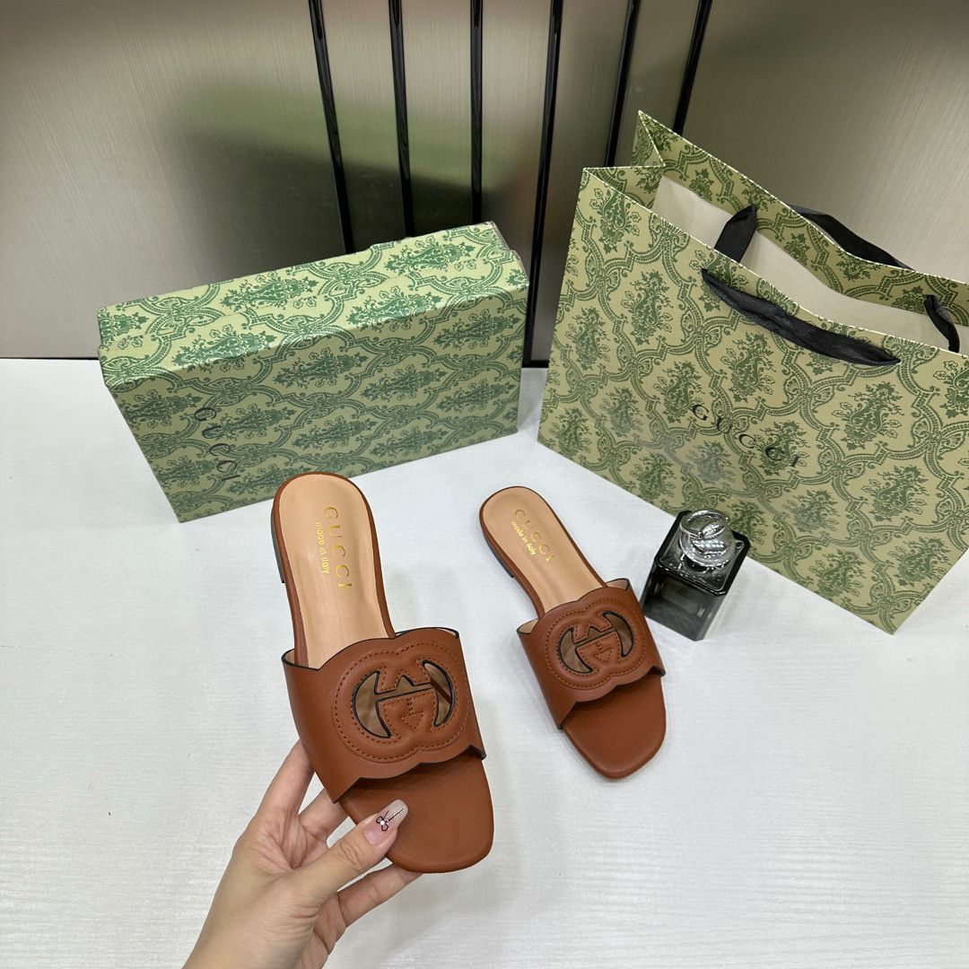 Gucci Premium Brown Leather Interlocking G Flat Slides