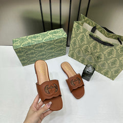 Gucci Premium Brown Leather Interlocking G Flat Slides