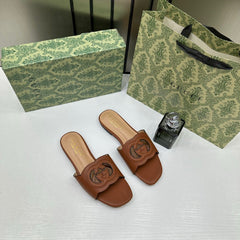 Gucci Premium Brown Leather Interlocking G Flat Slides