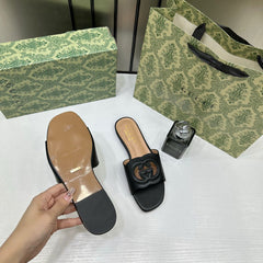 Gucci Premium Black Leather Interlocking G Flat Slides